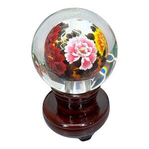 Asian Reverse Hand Painted Glass Ball Wood Stand Vintage Oriental Original Box